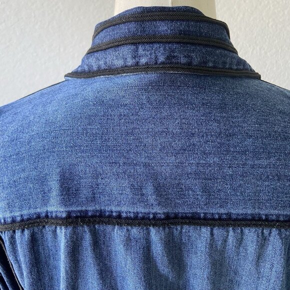 Chico's Denim Blue Jean Trucker Jacket Black Braid Trim Design Size 1. (M/L) - Picture 6 of 8